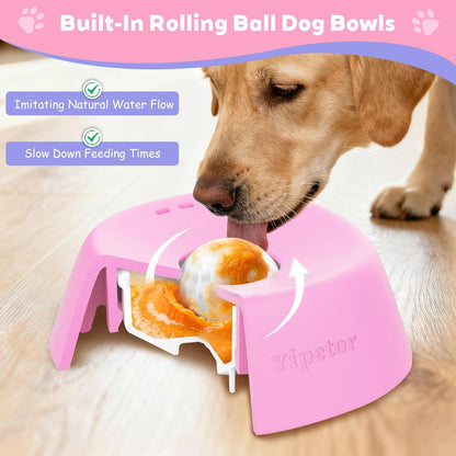Slow Feeder Dog Bowls for Liquid Treat, 【Enrichment Ball-Roll】 Bone Broth Dog Lick Bowl, 3/4 Cup Yogurt Pup Lick Toy for Large Medium Small Breeds Dietary Supplement/Post-Op Nutrition (Pink)