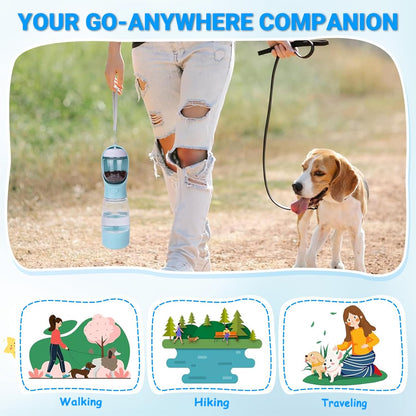 Portable Dog Water Bottle for Walking, 4-In-1 Pet Water Bottle Blue | Dog Travel Water Bottle with Food Container, Built-In Bowl and Waste Bag Storage, 400 Ml & 150 G Capacity, Leakproof Design