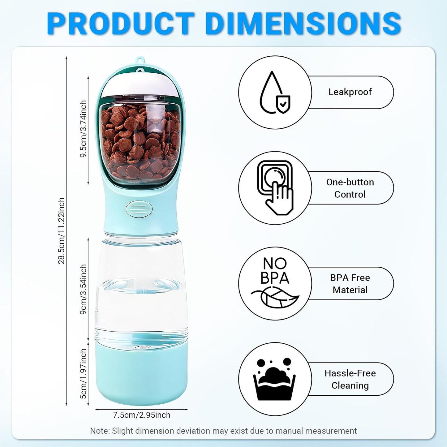 Portable Dog Water Bottle for Walking, 4-In-1 Pet Water Bottle Blue | Dog Travel Water Bottle with Food Container, Built-In Bowl and Waste Bag Storage, 400 Ml & 150 G Capacity, Leakproof Design