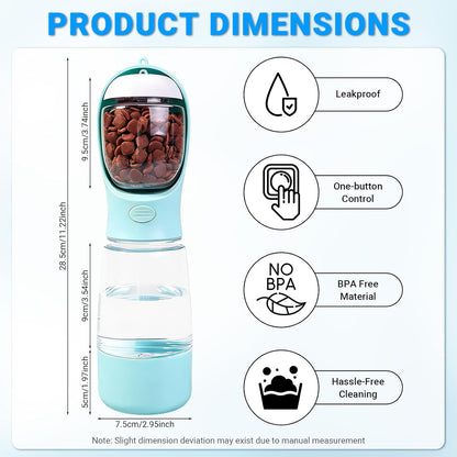 Portable Dog Water Bottle for Walking, 4-In-1 Pet Water Bottle Blue | Dog Travel Water Bottle with Food Container, Built-In Bowl and Waste Bag Storage, 400 Ml & 150 G Capacity, Leakproof Design