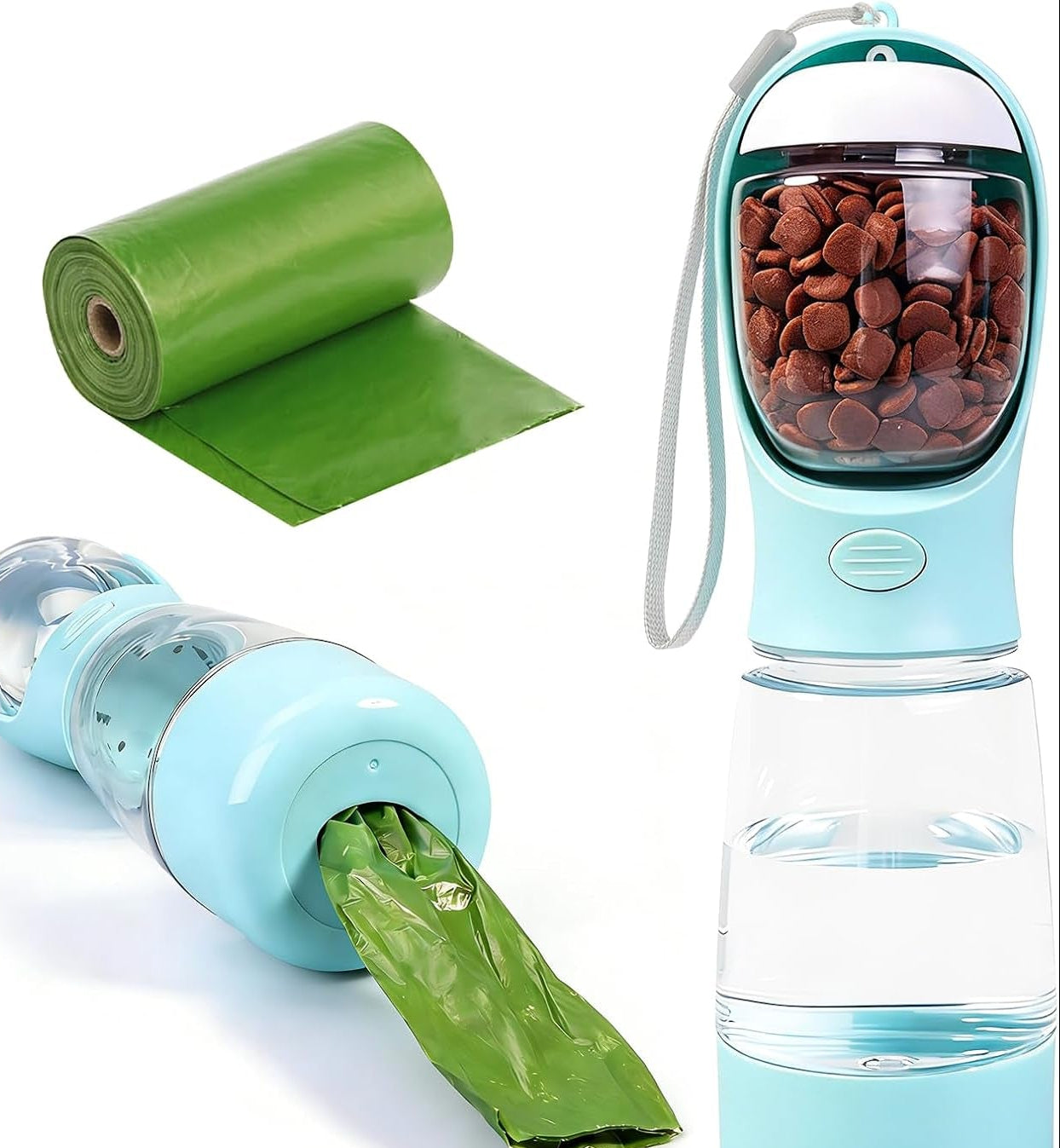 Portable Dog Water Bottle for Walking, 4-In-1 Pet Water Bottle Blue | Dog Travel Water Bottle with Food Container, Built-In Bowl and Waste Bag Storage, 400 Ml & 150 G Capacity, Leakproof Design