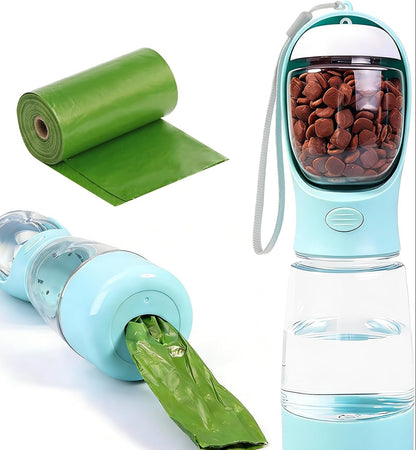 Portable Dog Water Bottle for Walking, 4-In-1 Pet Water Bottle Blue | Dog Travel Water Bottle with Food Container, Built-In Bowl and Waste Bag Storage, 400 Ml & 150 G Capacity, Leakproof Design