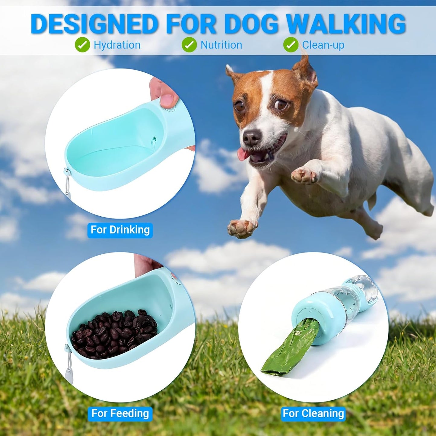 Portable Dog Water Bottle for Walking, 4-In-1 Pet Water Bottle Blue | Dog Travel Water Bottle with Food Container, Built-In Bowl and Waste Bag Storage, 400 Ml & 150 G Capacity, Leakproof Design