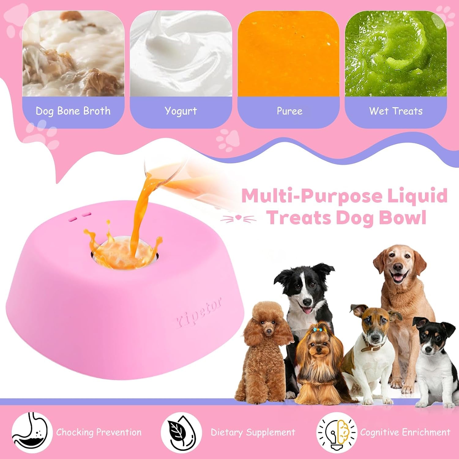 Slow Feeder Dog Bowls for Liquid Treat, 【Enrichment Ball-Roll】 Bone Broth Dog Lick Bowl, 3/4 Cup Yogurt Pup Lick Toy for Large Medium Small Breeds Dietary Supplement/Post-Op Nutrition (Pink)