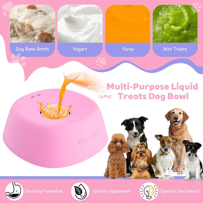 Slow Feeder Dog Bowls for Liquid Treat, 【Enrichment Ball-Roll】 Bone Broth Dog Lick Bowl, 3/4 Cup Yogurt Pup Lick Toy for Large Medium Small Breeds Dietary Supplement/Post-Op Nutrition (Pink)