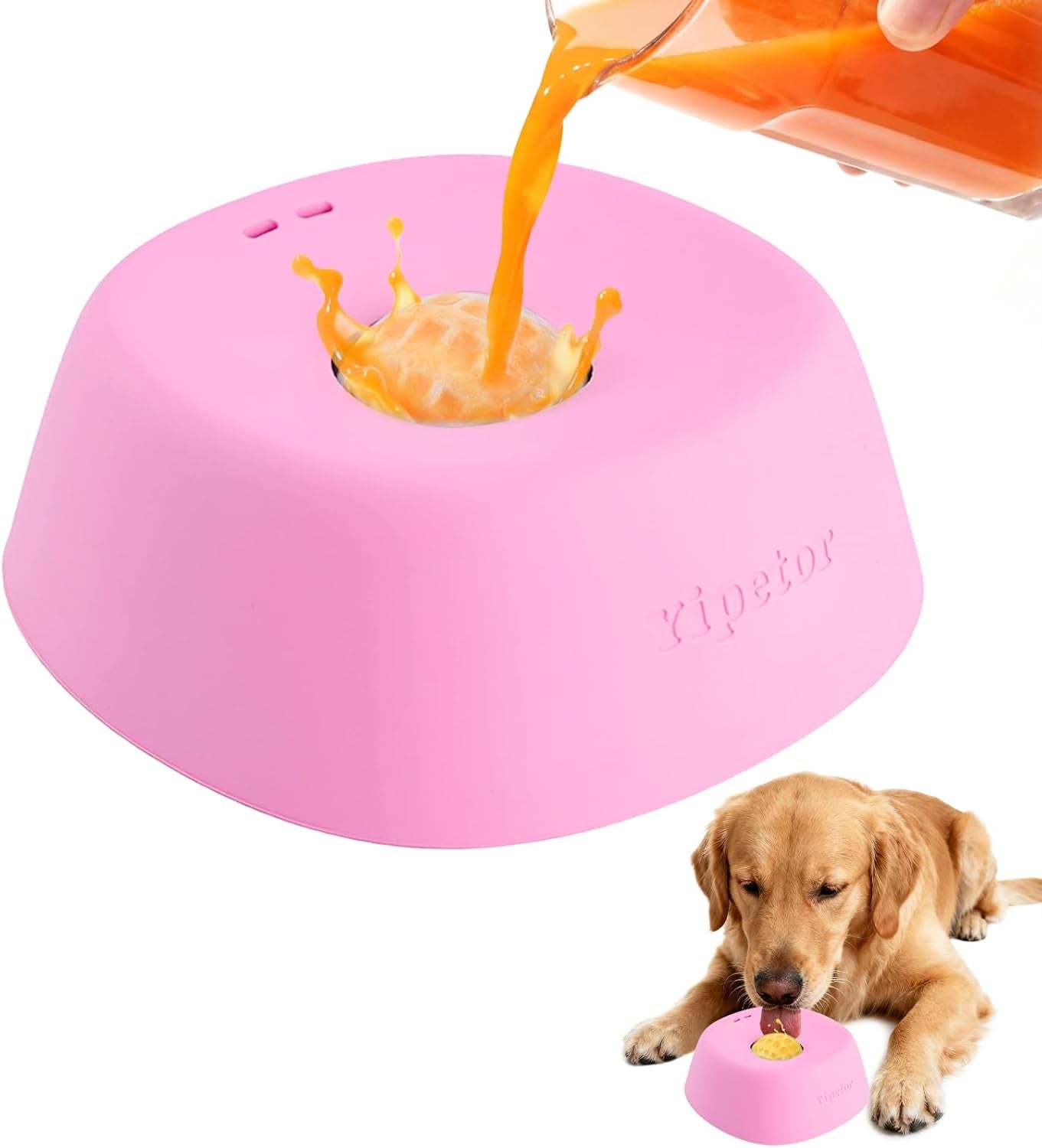 Slow Feeder Dog Bowls for Liquid Treat, 【Enrichment Ball-Roll】 Bone Broth Dog Lick Bowl, 3/4 Cup Yogurt Pup Lick Toy for Large Medium Small Breeds Dietary Supplement/Post-Op Nutrition (Pink)