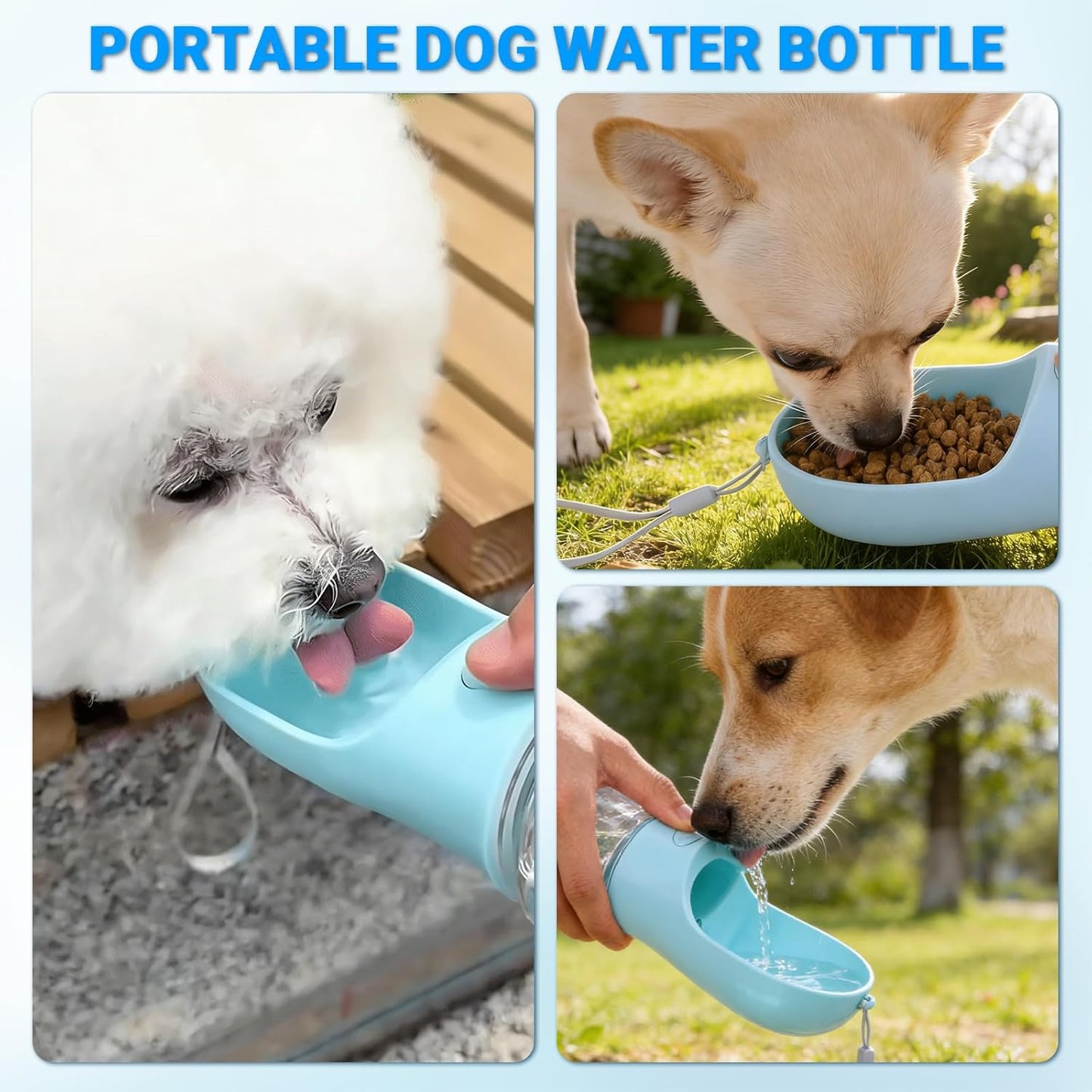 Portable Dog Water Bottle for Walking, 4-In-1 Pet Water Bottle Blue | Dog Travel Water Bottle with Food Container, Built-In Bowl and Waste Bag Storage, 400 Ml & 150 G Capacity, Leakproof Design