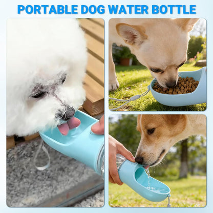 Portable Dog Water Bottle for Walking, 4-In-1 Pet Water Bottle Blue | Dog Travel Water Bottle with Food Container, Built-In Bowl and Waste Bag Storage, 400 Ml & 150 G Capacity, Leakproof Design